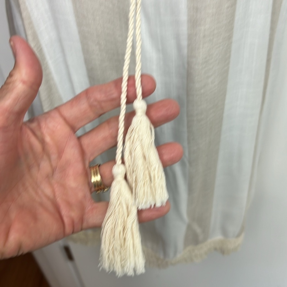 10. Olive Scent  White & khaki linen Dress Spaghetti straps, Fringe, Medium NWT - Picture 9 of 12